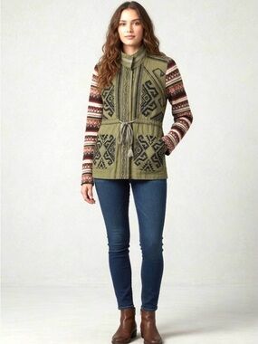 Flying Tomato Embellished Canvas Jacket Fair Isle Sweater Sleeves Snap Aztec S